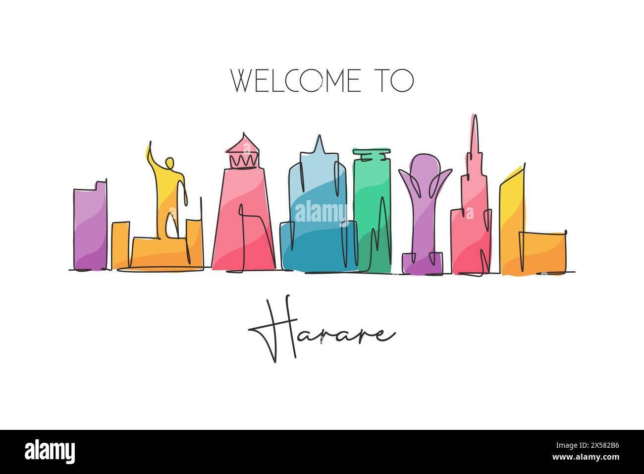 Dessin au trait continu unique de l'horizon de la ville de Harare, Zimbabwe. Célèbre ville grattoir paysage maison décor mur art imprimé affiche. Concept de voyage mondial. Illustration de Vecteur Dessin au trait continu unique de l'horizon de la ville de Harare, Zimbabwe. Célèbre ville grattoir paysage maison décor mur art imprimé affiche. Concept de voyage mondial. Illustration de Vecteur
