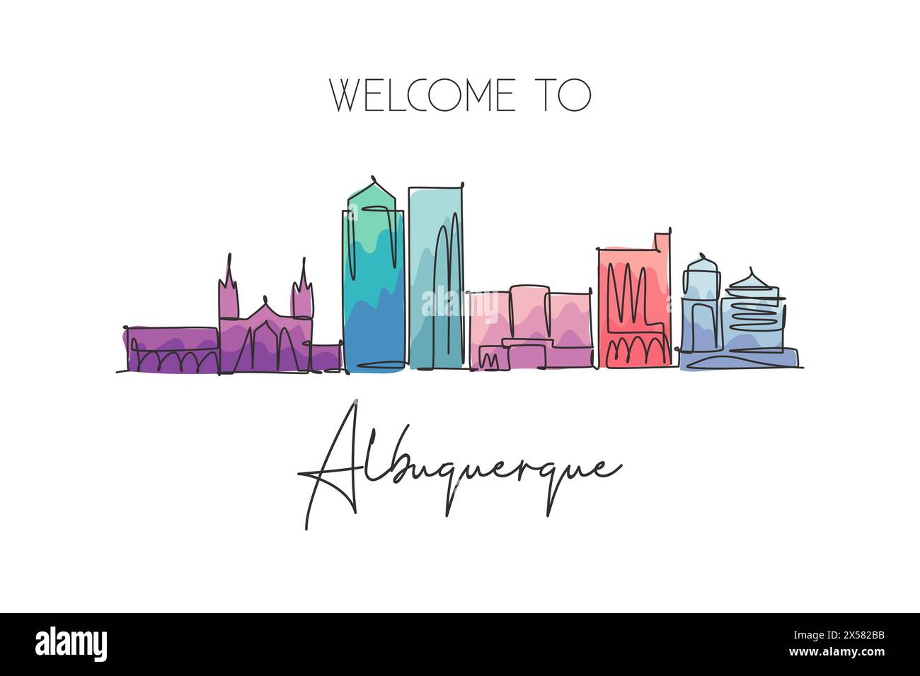 Dessin au trait continu unique de l'horizon de la ville d'Albuquerque, Nouveau-Mexique. Paysage de ville célèbre. World Travel concept Home Wall Decor poster imprimé Illustration de Vecteur