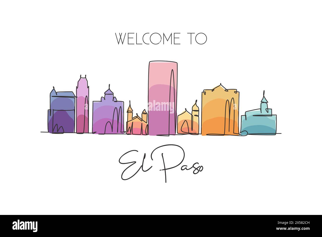 Un dessin au trait de la ville d'El Paso, Texas. Paysage de ville historique. Meilleure destination de vacances maison art mur décor poster imprimé. Tendance c Illustration de Vecteur