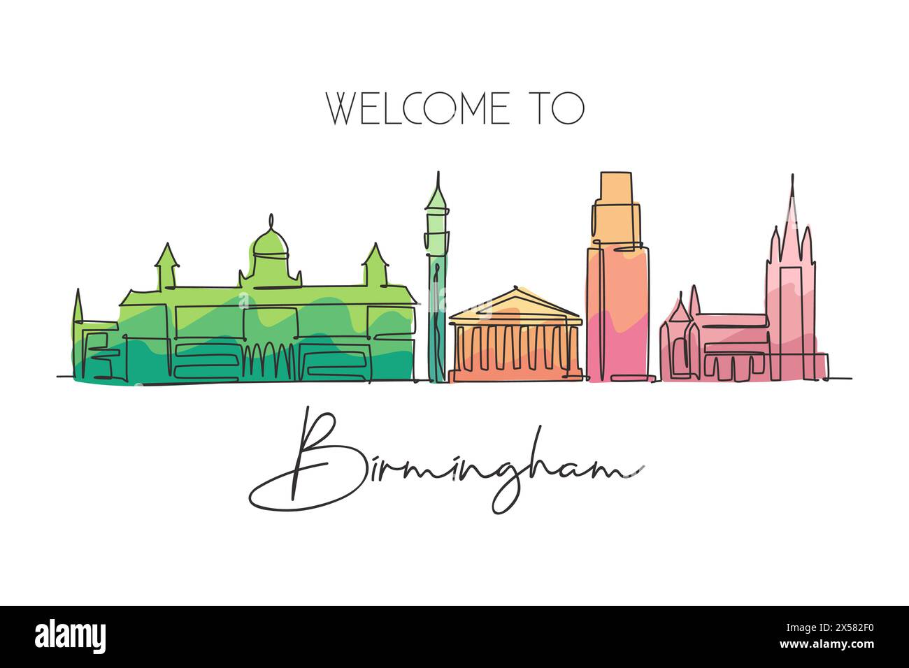 Un dessin au trait continu de Birmingham City skyline. Magnifique gratte-ciel de la ville. Monde paysage tourisme voyage vacances maison décor mur affiche conc Illustration de Vecteur