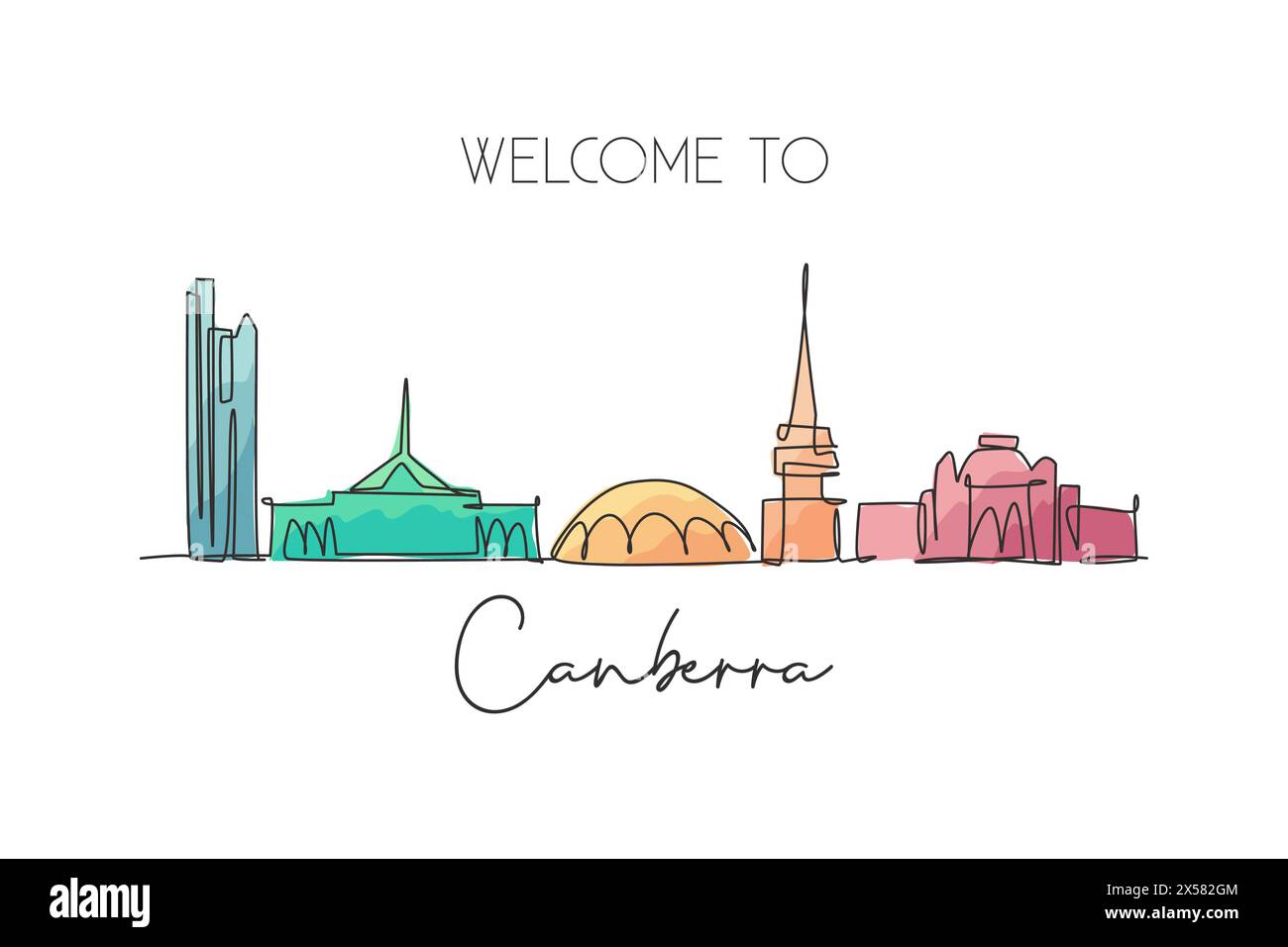 Une seule ligne dessinant les gratte-ciel de Canberra, Australie. Paysage de ville historique. Meilleure destination de vacances maison décoration murale poster imprimé Tendance Illustration de Vecteur