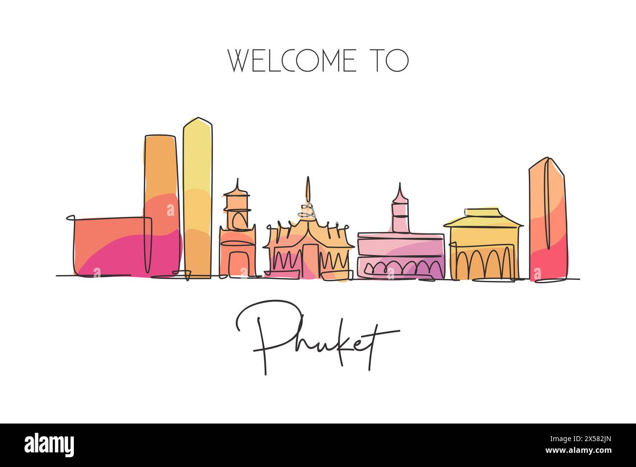 Un dessin au trait continu de Phuket City skyline, Thaïlande. Magnifique point de repère. Affiche de vacances de voyage de tourisme de paysage mondial. Str. Élégante modifiable Illustration de Vecteur