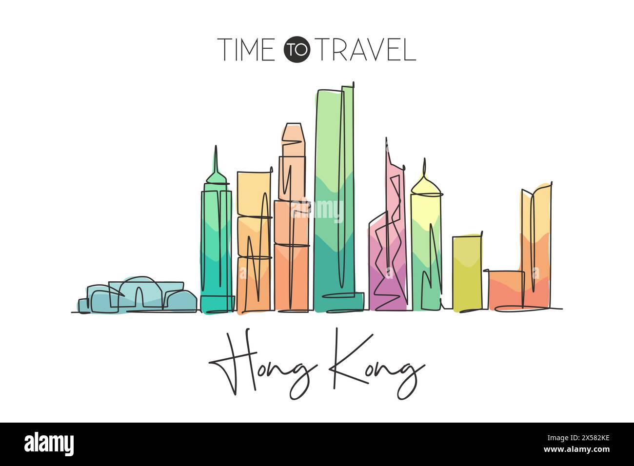 Un dessin au trait continu de l'horizon de la ville de Hong Kong, Chine. Magnifique motif mural décoratif imprimé poster. Tourisme de paysage mondial voyage vacances. Sty Illustration de Vecteur