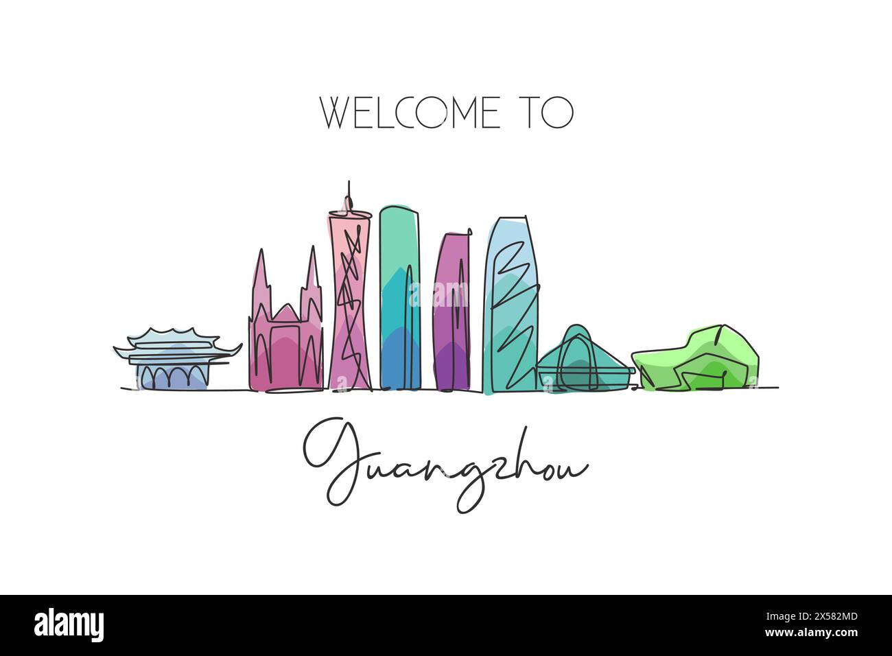 Depok, Indonésie - 17 septembre 2019 : dessin au trait continu unique de Guangzhou skyline, Chine. Paysage de ville célèbre. Concept de voyage mondial. Editab Illustration de Vecteur