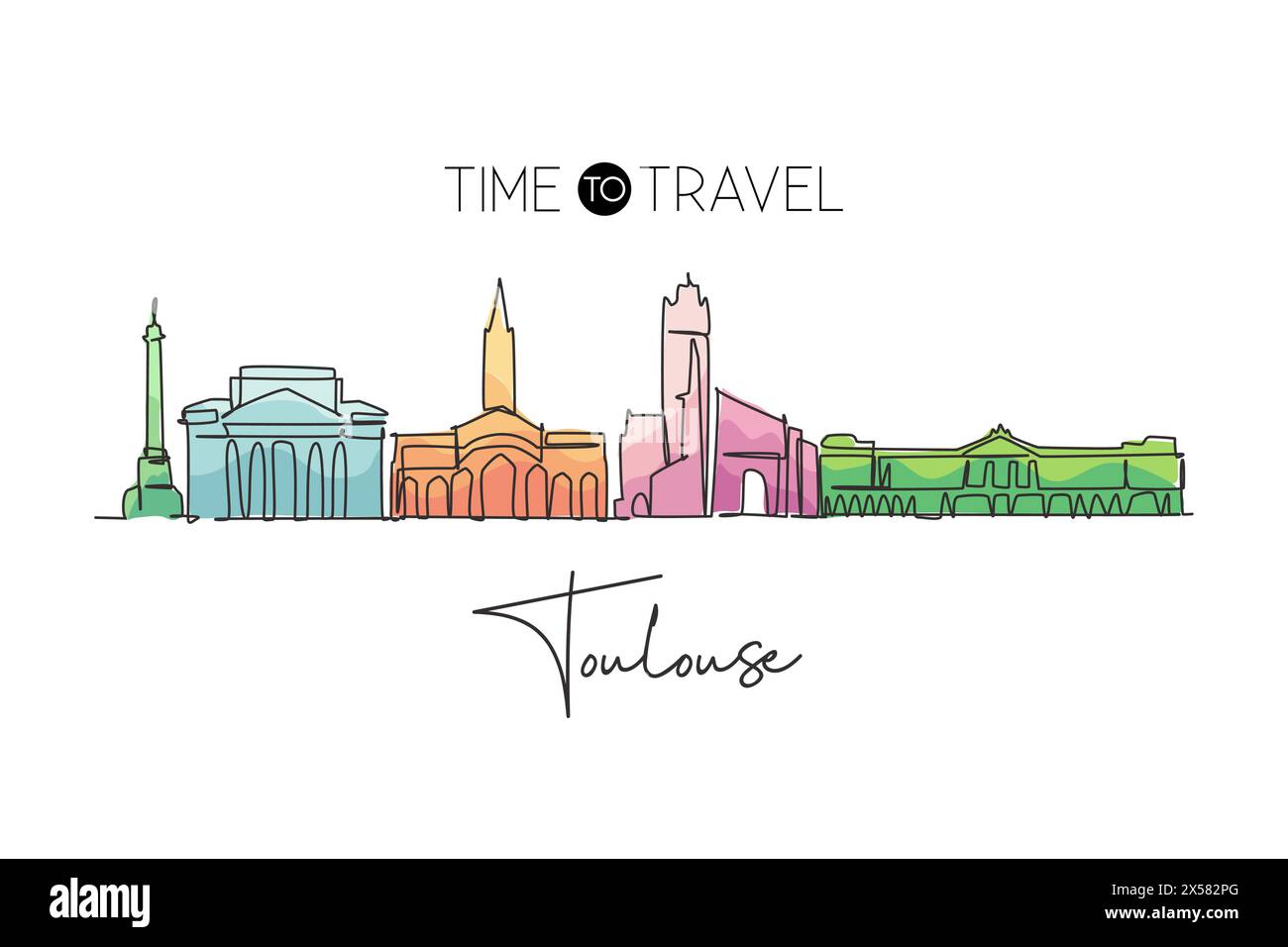 Un dessin à la ligne de Toulouse, France. Paysage historique de gratte-ciel dans le monde. Affiche décorative murale de la meilleure destination de vacances. Tendance Illustration de Vecteur