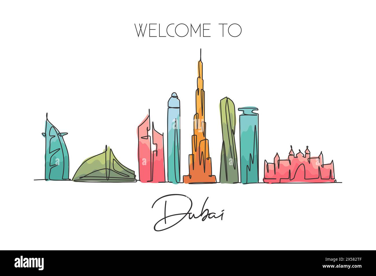 Un dessin au trait continu de la ville de Dubaï aux Émirats arabes Unis. Magnifique point de repère de la ville. Tourisme de paysage mondial et voyages. Style modifiable Illustration de Vecteur