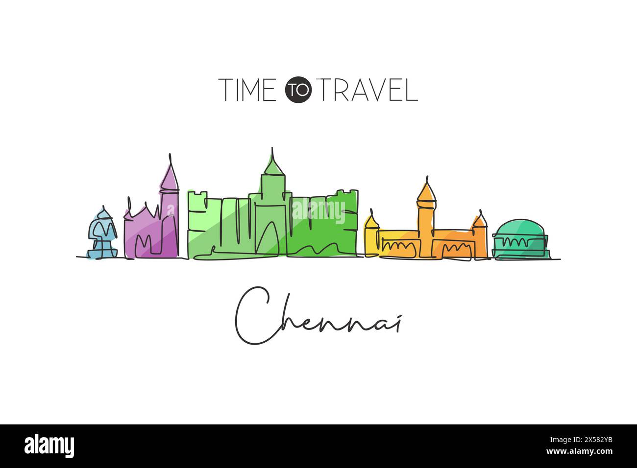 Un dessin au trait continu de l'horizon de la ville de Chennai, Inde. Superbe imprimé ville emblématique. Tourisme de paysage mondial voyage vacances. Style modifiable s Illustration de Vecteur