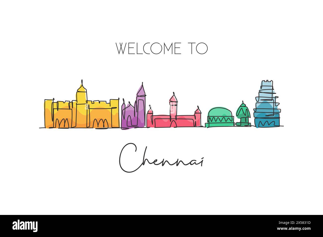 Dessin au trait continu unique de l'horizon de la ville de Chennai, Inde. Célèbre grattoir de ville et paysage maison décoration murale impression d'affiche. World Travel Concepp Illustration de Vecteur