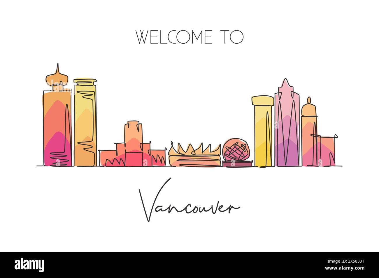 Ligne continue simple dessinant la ville Vancouver skyline, Canada. Célèbre carte postale de paysage de grattoir de ville. Concept de destination de voyage mondial. Stro modifiable Illustration de Vecteur