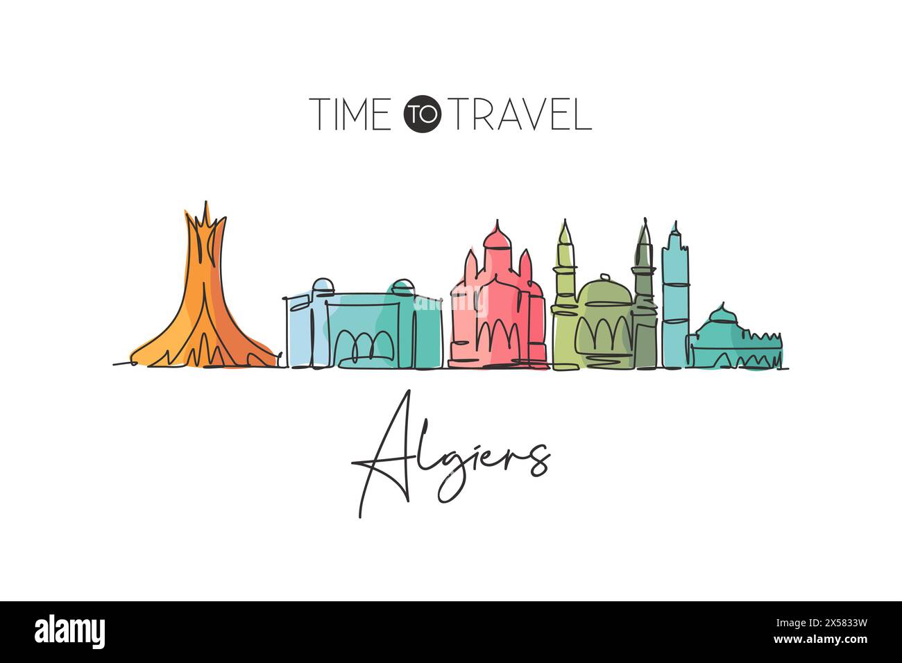 Dessin au trait continu unique de l'horizon de la ville d'Alger, Algérie. Célèbre ville grattoir paysage maison mur décor poster imprimé Concept de voyage mondial. Illustration de Vecteur