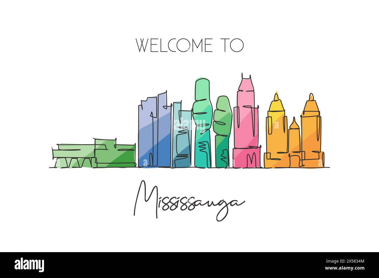 Une seule ligne dessinant Mississauga City skyline Canada. Paysage de ville historique du monde. Meilleur endroit destination de vacances maison décoration murale impression affiche. Illustration de Vecteur