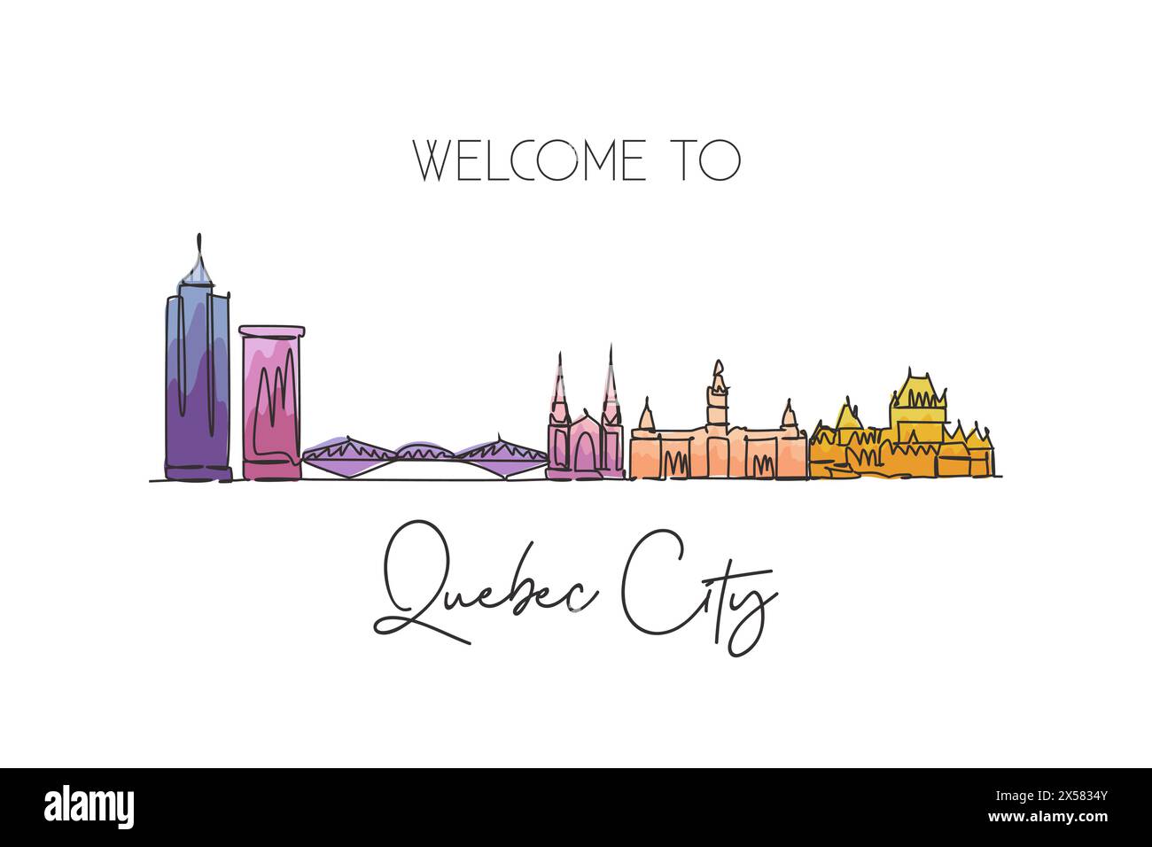 Une seule ligne continue dessinant l'horizon du Québec, Canada. Célèbre paysage de grattoir de ville. Concept d'impression de carte postale de destination de voyage du monde. Contour modifiable Illustration de Vecteur