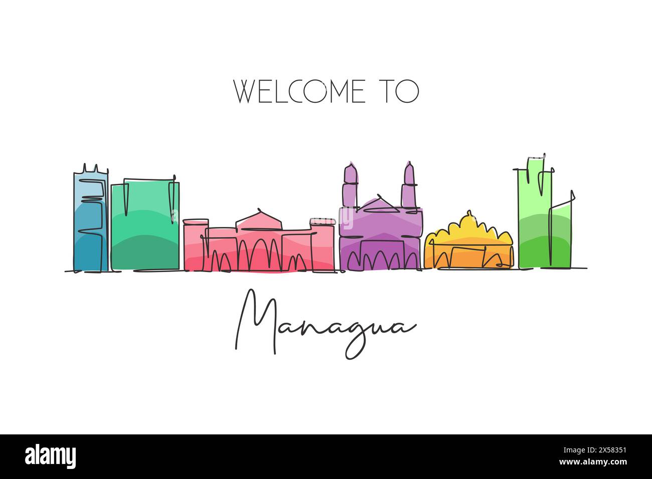 Dessin au trait continu unique de la skyline de Managua, Nicaragua. Célèbre paysage de grattoir de ville. Concept de carte postale de destination de voyage du monde. Contour modifiable Illustration de Vecteur