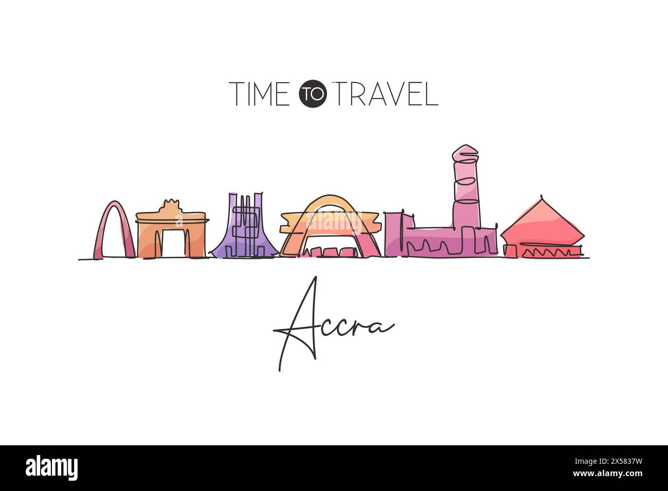 Une ligne continue dessinant l'horizon de la ville d'Accra, Ghana. Magnifique point de repère. Paysage mondial tourisme voyage vacances impression carte postale. Style modifiable Illustration de Vecteur Une ligne continue dessinant l'horizon de la ville d'Accra, Ghana. Magnifique point de repère. Paysage mondial tourisme voyage vacances impression carte postale. Style modifiable Illustration de Vecteur