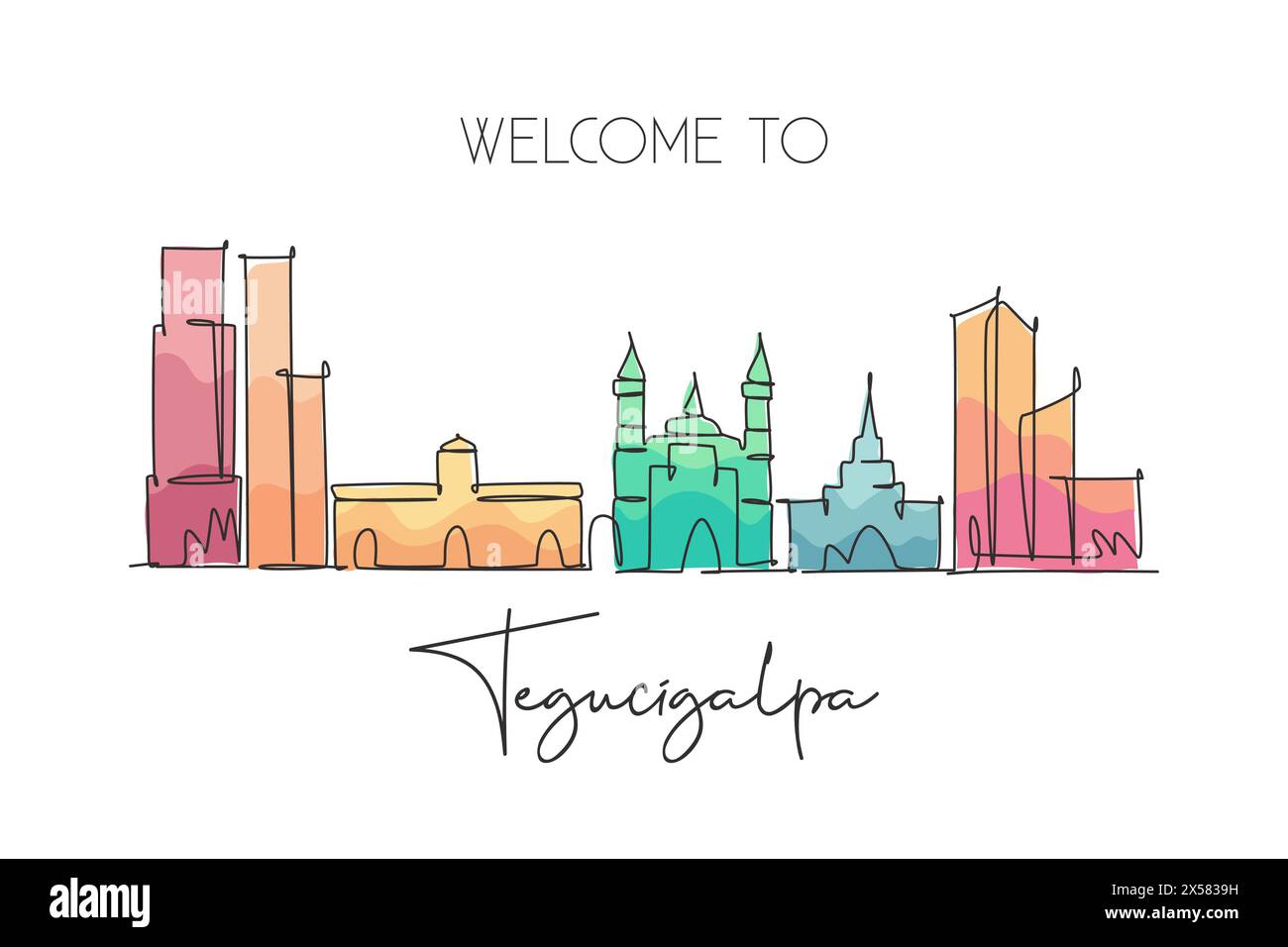 Dessin d'une ligne continue unique Tegucigalpa skyline, Honduras. Célèbre carte postale de paysage de grattoir de ville. Concept de destination de voyage mondial. Contour modifiable Illustration de Vecteur