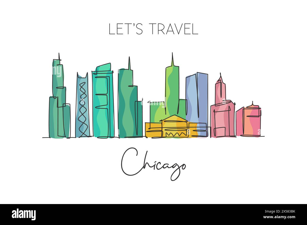 Un dessin au trait de la ville de Chicago, États-Unis. Paysage de ville historique dans le monde. Meilleure destination de vacances. Trait modifiable tren Illustration de Vecteur