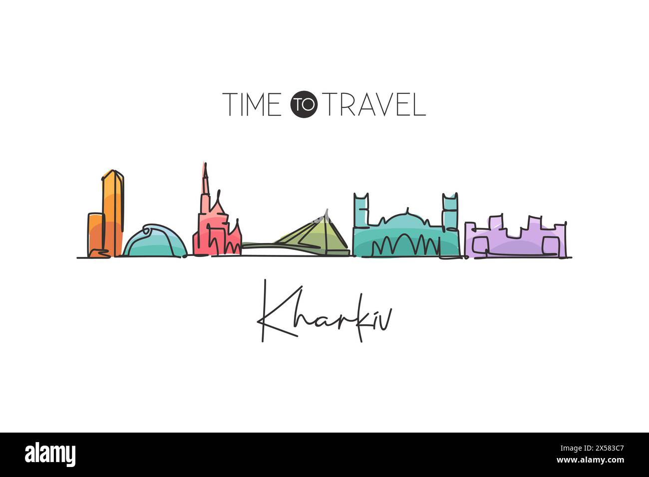 Ligne continue unique dessinant l'horizon de la ville de Kharkiv, Ukraine. Célèbre carte postale de paysage de grattoir de ville. Concept de destination de voyage mondial. Contour modifiable Illustration de Vecteur