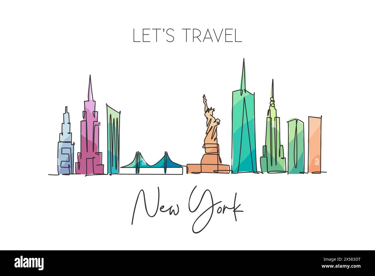 Une seule ligne dessinant les gratte-ciel de la ville de New York, États-Unis. Paysage de ville historique dans le monde. Meilleure affiche de destination de vacances. Trait modifiable tren Illustration de Vecteur