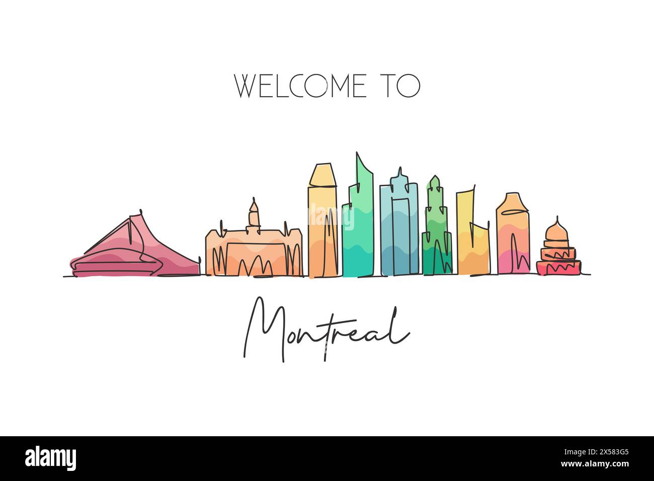 Ligne continue unique dessinant l'horizon de la ville de Montréal, Canada. Célèbre carte postale de paysage de grattoir de ville. Concept de destination de voyage mondial. Contour modifiable Illustration de Vecteur