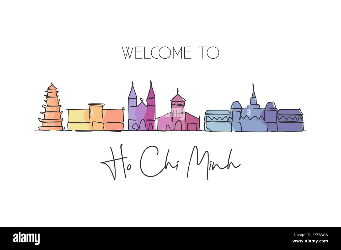 Dessin d'une ligne continue simple Ho Chi Minh skyline, Vietnam. Célèbre paysage de grattoir de ville. Carte postale de concept de destination de voyage du monde. Contour modifiable Illustration de Vecteur