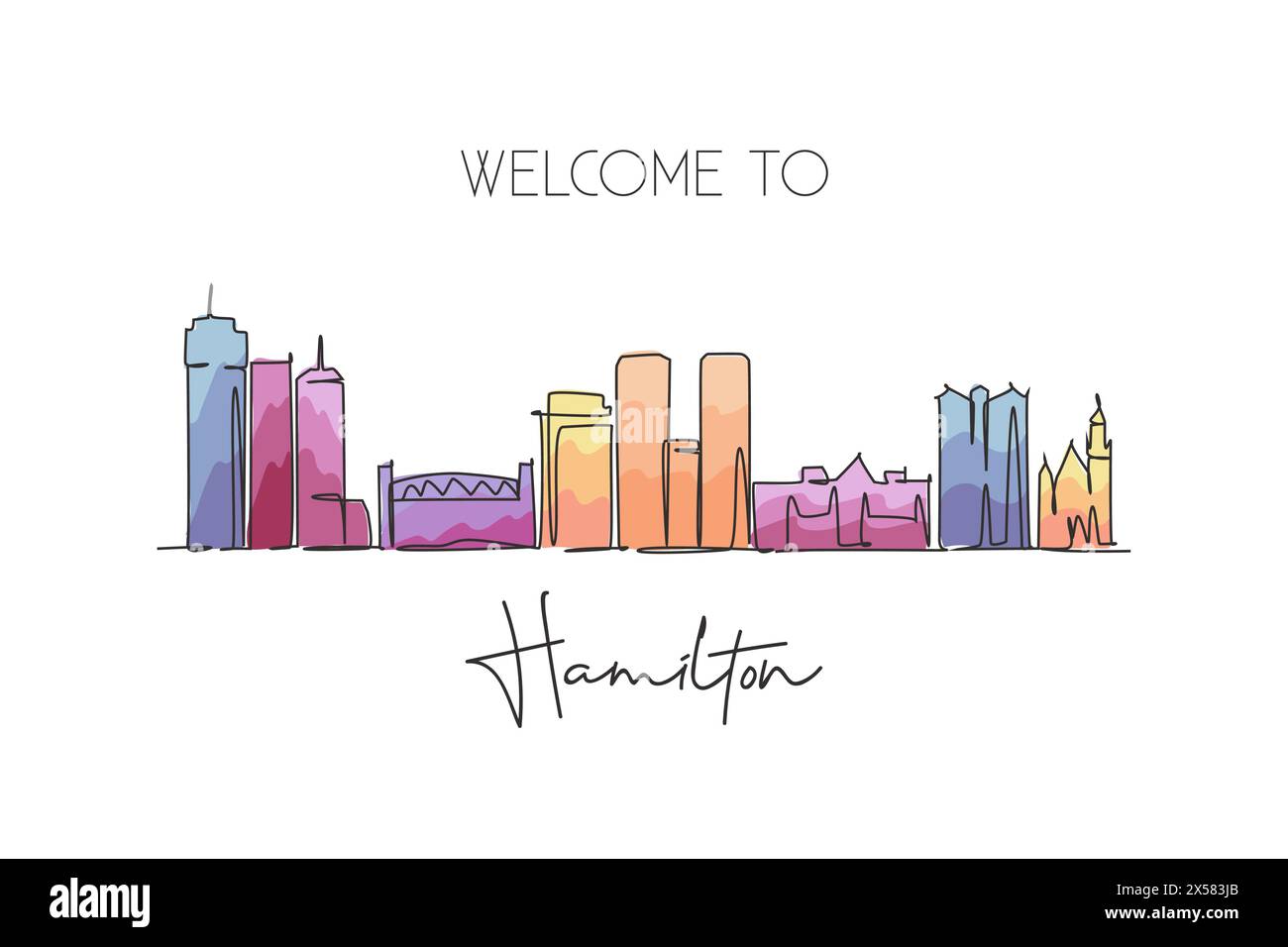 Dessin en ligne continue unique Hamilton skyline, Canada. Célèbre paysage de grattoir de ville. Concept d'impression de carte postale de destination de voyage du monde. Stro modifiable Illustration de Vecteur