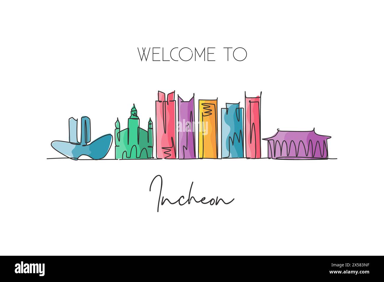 Dessin en ligne continue unique Incheon skyline, Corée du Sud. Célèbre carte postale de paysage de grattoir de ville. Concept de destination de voyage mondial. Contour modifiable Illustration de Vecteur