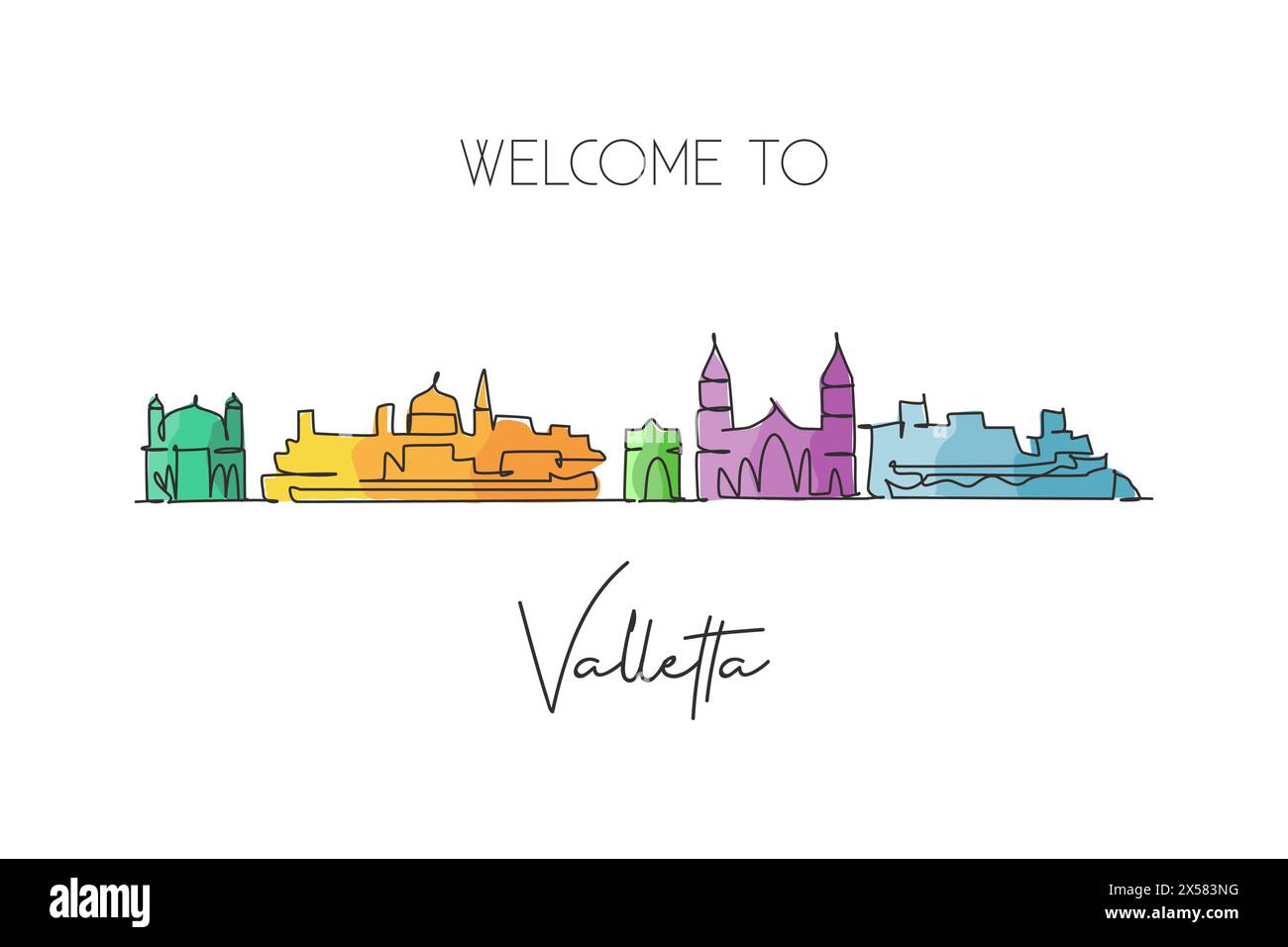 Un dessin au trait continu de l'horizon de la ville de la Valette, Malte. Belle carte postale de point de repère. Tourisme de paysage mondial voyage vacances. Style modifiable Illustration de Vecteur