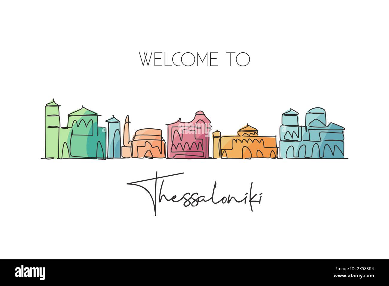 Ligne continue unique dessinant l'horizon de Thessalonique, Grèce. Célèbre paysage de grattoir de ville. Concept de carte postale de destination de voyage du monde. Contour modifiable Illustration de Vecteur