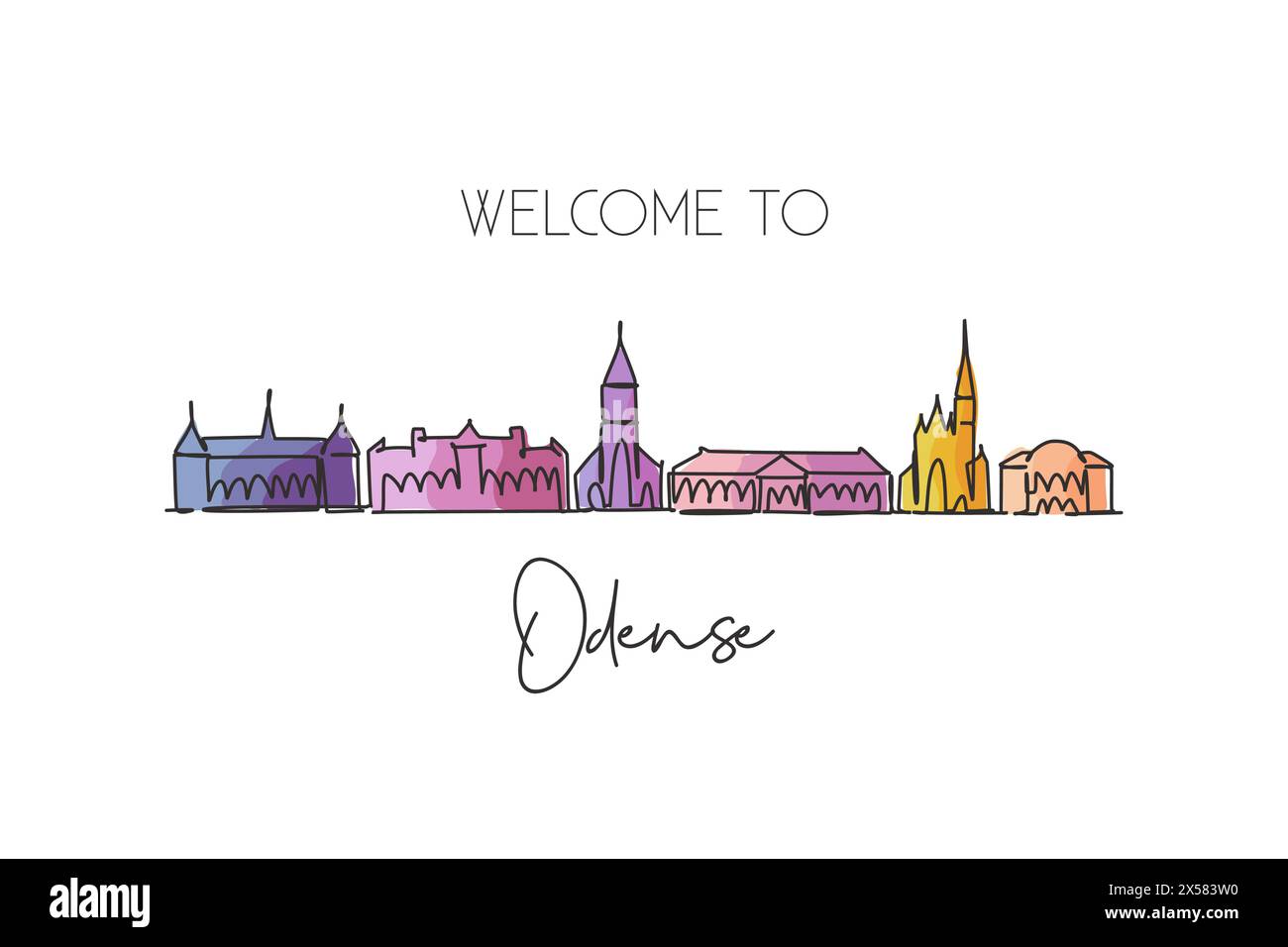 Une seule ligne dessinant l'horizon de la ville d'Odense, au Danemark. Carte postale de paysage de ville historique du monde. Meilleure destination de vacances. Trait modifiable tendance Illustration de Vecteur