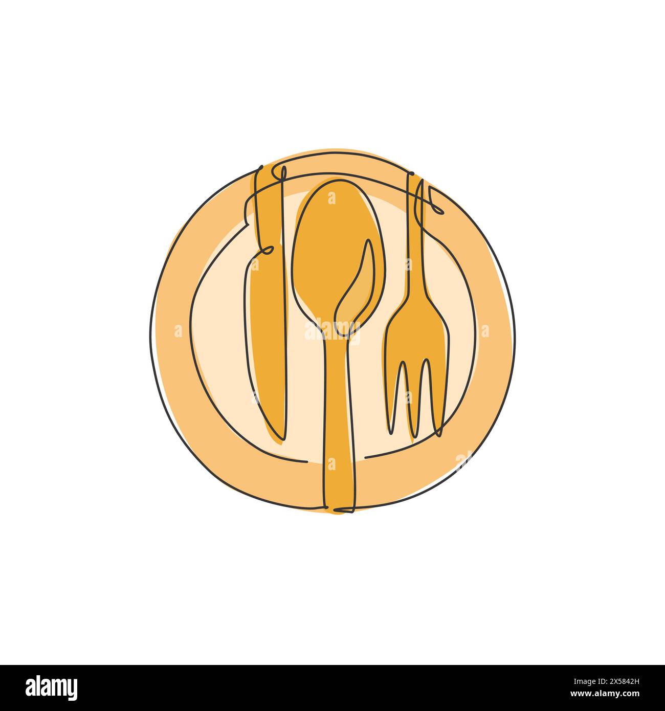 Un dessin simple ligne de couteau de plaque, fourchette et couteau pour le graphique d'illustration vectorielle de logo de restaurant. Concept de badge de café de luxe. Moderne continu l Illustration de Vecteur