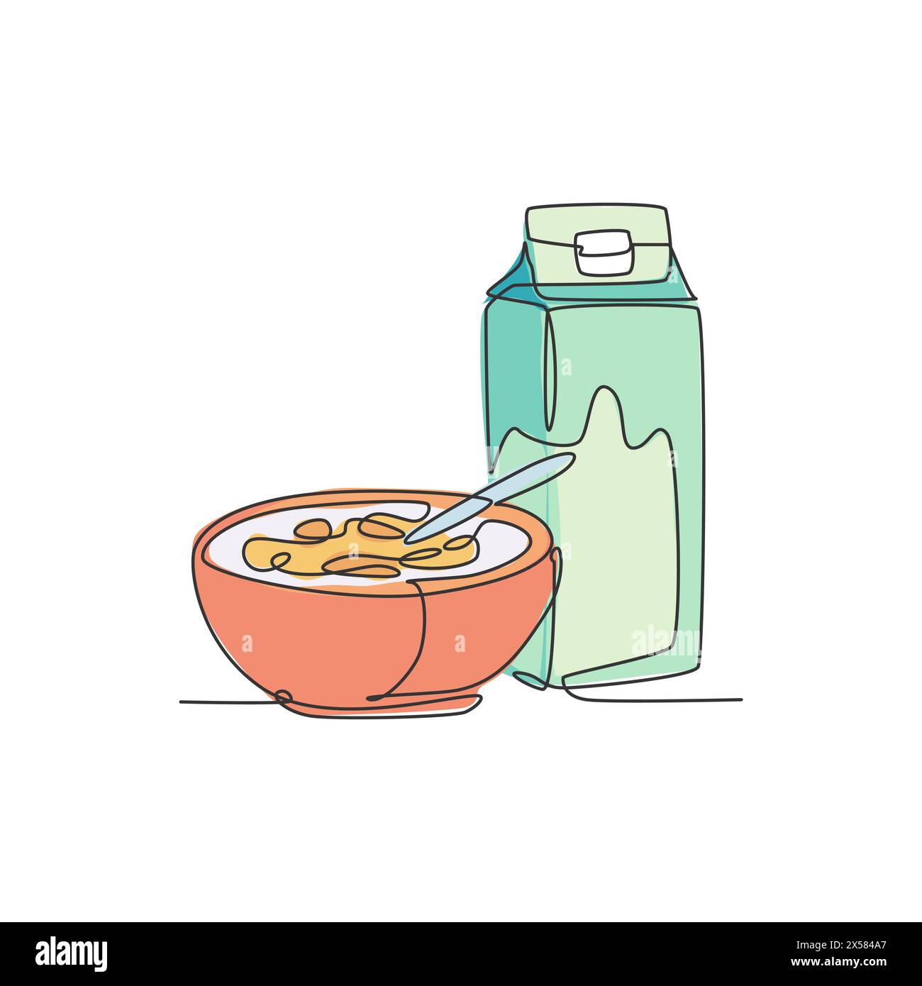 Un dessin en ligne continue de délicieux petit déjeuner de céréales fraîches et de lait avec boîte en carton à pignon. Nourriture naturelle saine. Dessiner une ligne simple moderne desi Illustration de Vecteur