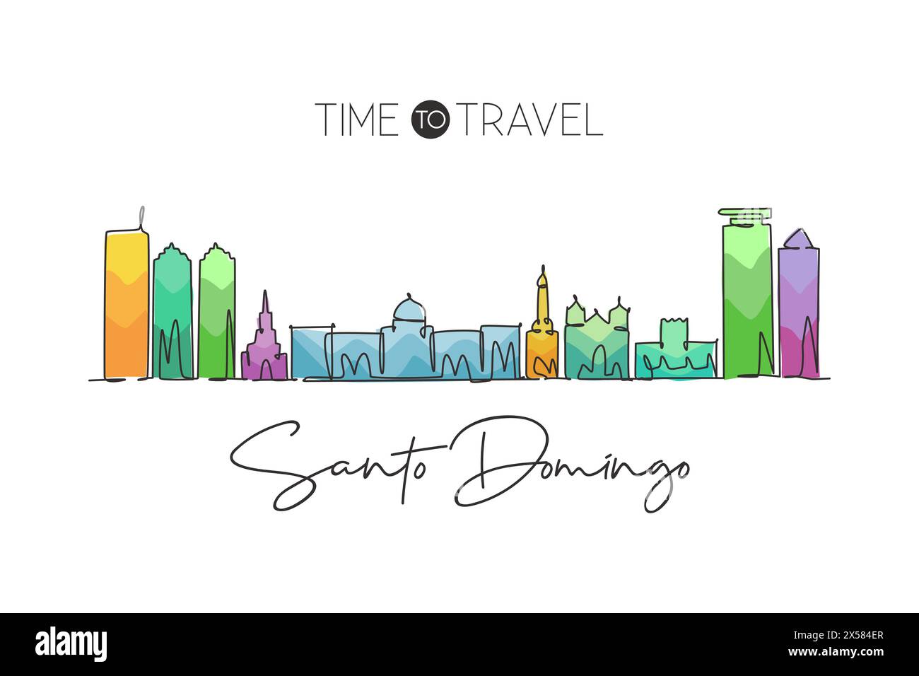 Dessin au trait continu unique de Santo Domingo ville skyline dominicaine. Célèbre paysage de grattoir de ville. Concept de destination de voyage mondial. Stro modifiable Illustration de Vecteur
