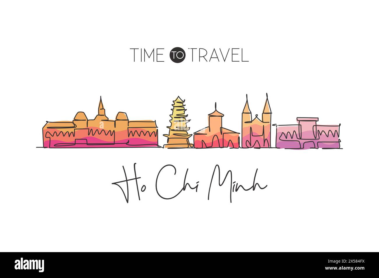 Une seule ligne dessinant l'horizon de la ville de Ho Chi Minh, Vietnam. Ville du monde paysage maison décoration mur art poster imprimé. Meilleure destination de vacances. TREN Illustration de Vecteur