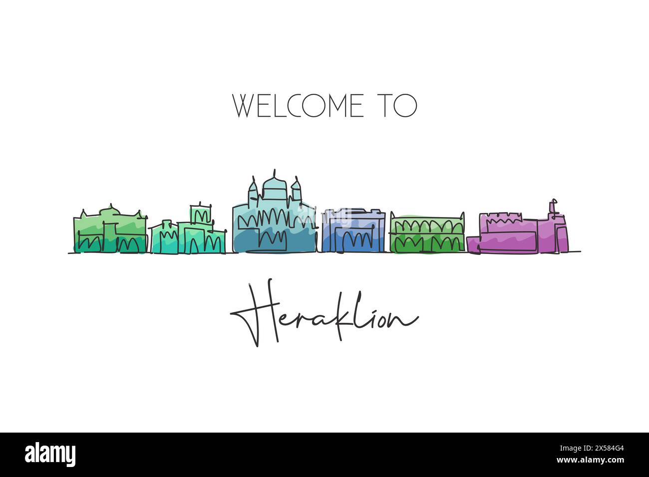 Un dessin au trait continu de l'horizon de la ville d'Héraklion, Grèce. Belle carte postale de point de repère. Tourisme de paysage mondial voyage vacances. Style modifiable Illustration de Vecteur