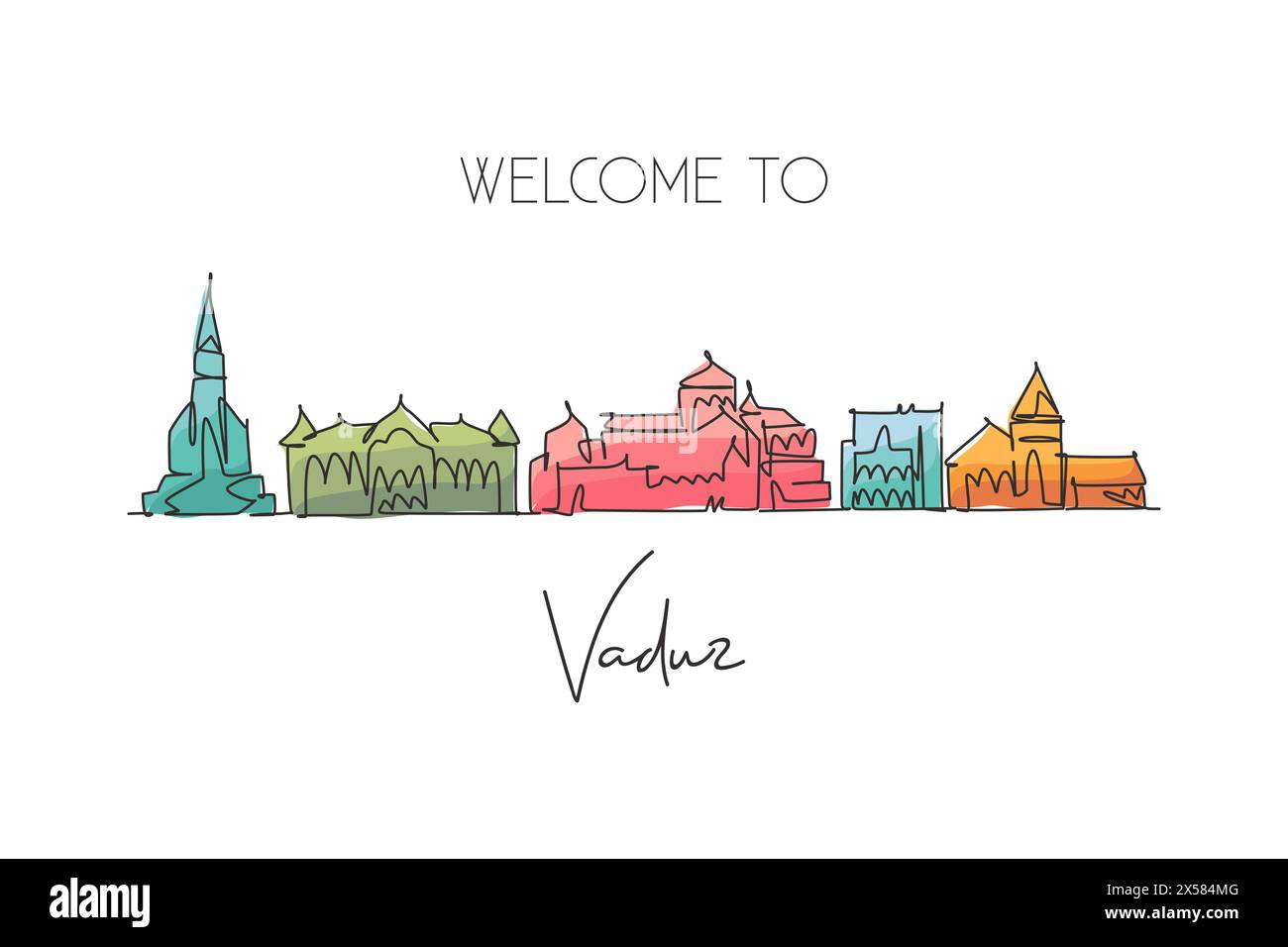 Dessin en ligne continue unique de Vaduz skyline, Liechtenstein. Célèbre ville grattoir paysage décor maison imprimé affiche. Concept de destination de voyage mondial. Illustration de Vecteur