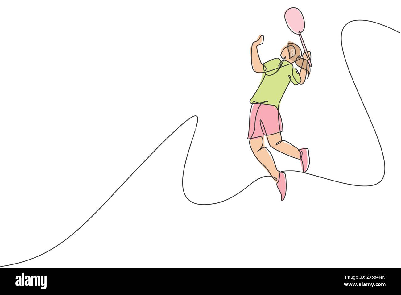 Un dessin simple ligne de jeune joueur de badminton énergique sautant et smash volante illustration vectorielle. Concept de sport sain. Continuou moderne Illustration de Vecteur