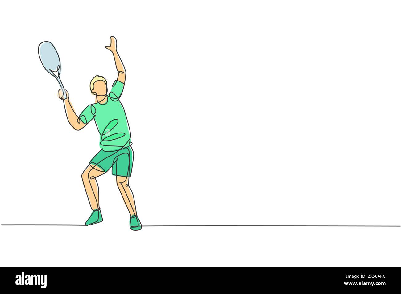 Un dessin en ligne continue de jeune joueur de tennis homme heureux se préparer à servir et frapper la balle. Concept de sport compétitif. Dessin dynamique à une ligne Illustration de Vecteur