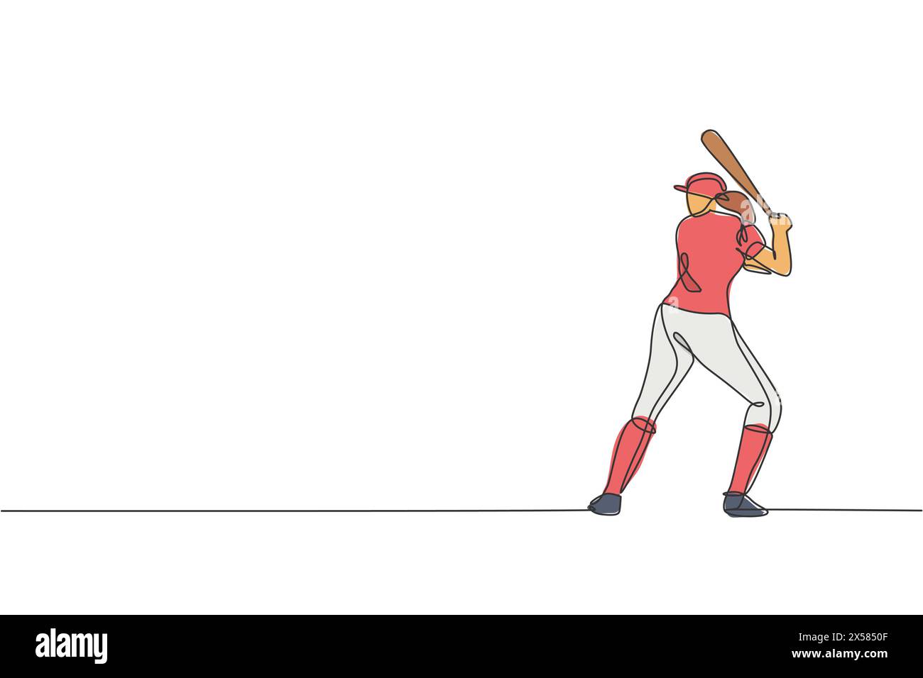 Un dessin en ligne continue de jeune femme sportive jouant au baseball pratique pour frapper la balle sur le terrain. Concept de sport compétitif. dr. Illustration de Vecteur