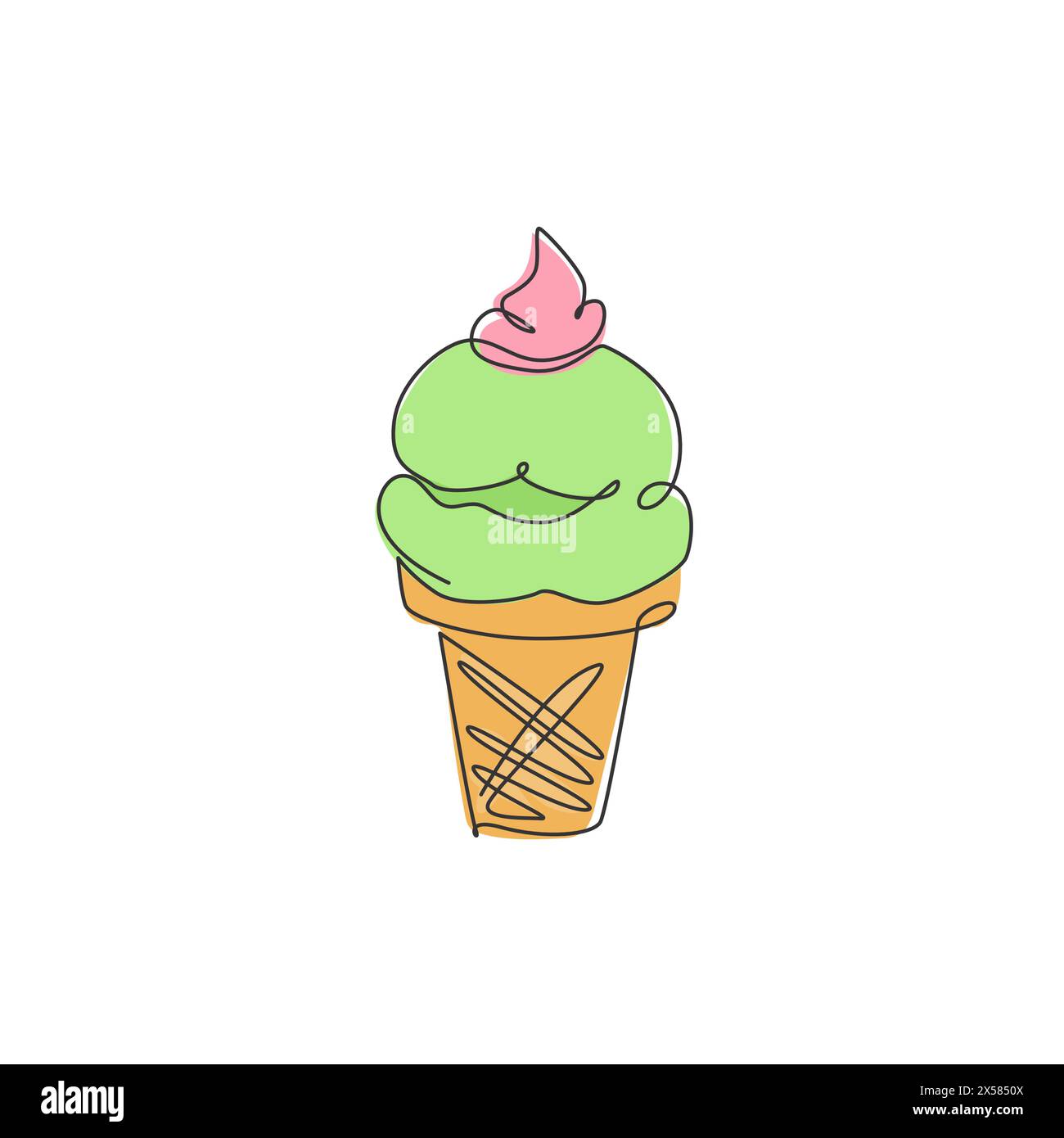 Un dessin en ligne continue de l'emblème du restaurant de cornets de crème glacée frais Delicious American. Concept de modèle de logotype de boutique de café icecream. Mod Illustration de Vecteur