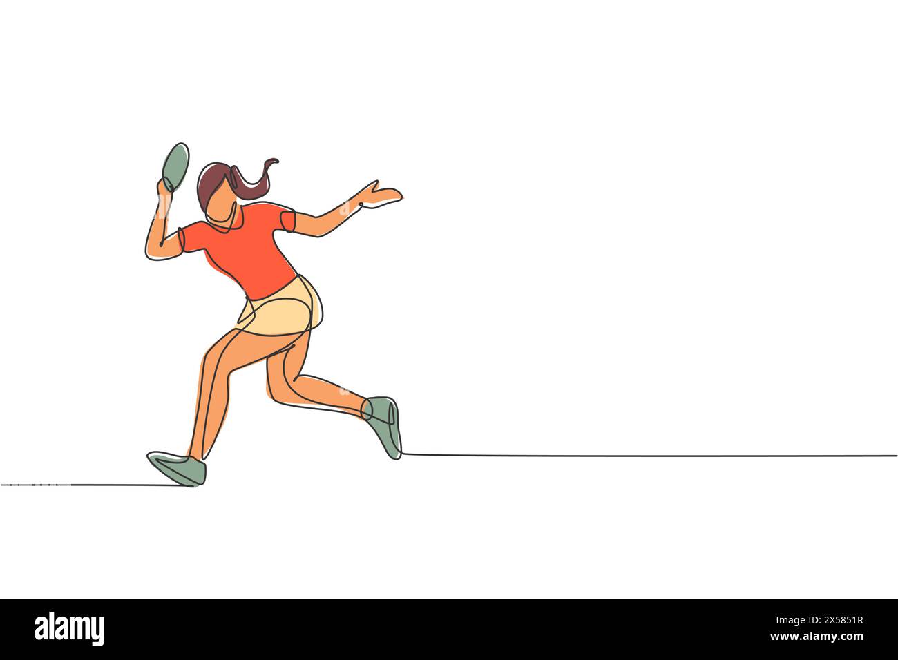 Un dessin simple ligne de jeune femme énergique joueur de tennis de table courir pour attraper l'illustration vectorielle de balle. Concept d'entraînement sportif. Continu moderne Illustration de Vecteur