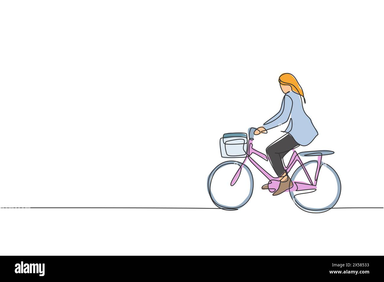 Dessin de ligne continue simple de jeune femme d'affaires professionnelle à vélo à sa compagnie. Vélo au travail, concept de transport respectueux de l'environnement. T Illustration de Vecteur