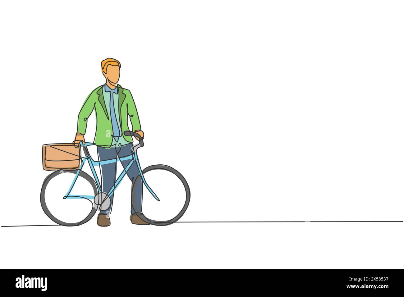 Ligne continue unique dessinant le jeune homme d'affaires professionnel à vélo à sa société. Vélo au travail, concept de transport respectueux de l'environnement. Tendance Illustration de Vecteur