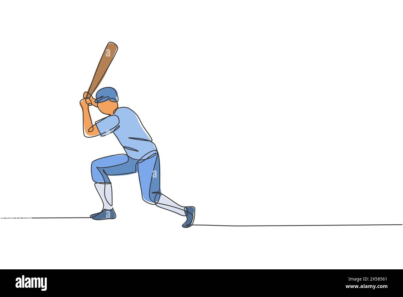 Un dessin en ligne continue de la pratique d'un jeune joueur de baseball sportif pour frapper la balle sur le terrain. Concept de sport compétitif. Dessin dynamique à une ligne Illustration de Vecteur