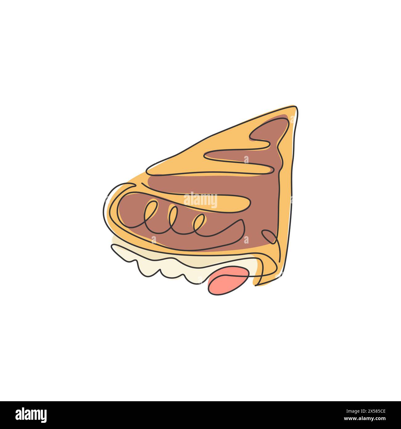 Dessin en ligne continue simple de crêpes croustillantes stylisées avec sirop, étiquette de logo de farce de chocolat à la sauce. Concept de restaurant snack sucré. Moderne un l Illustration de Vecteur