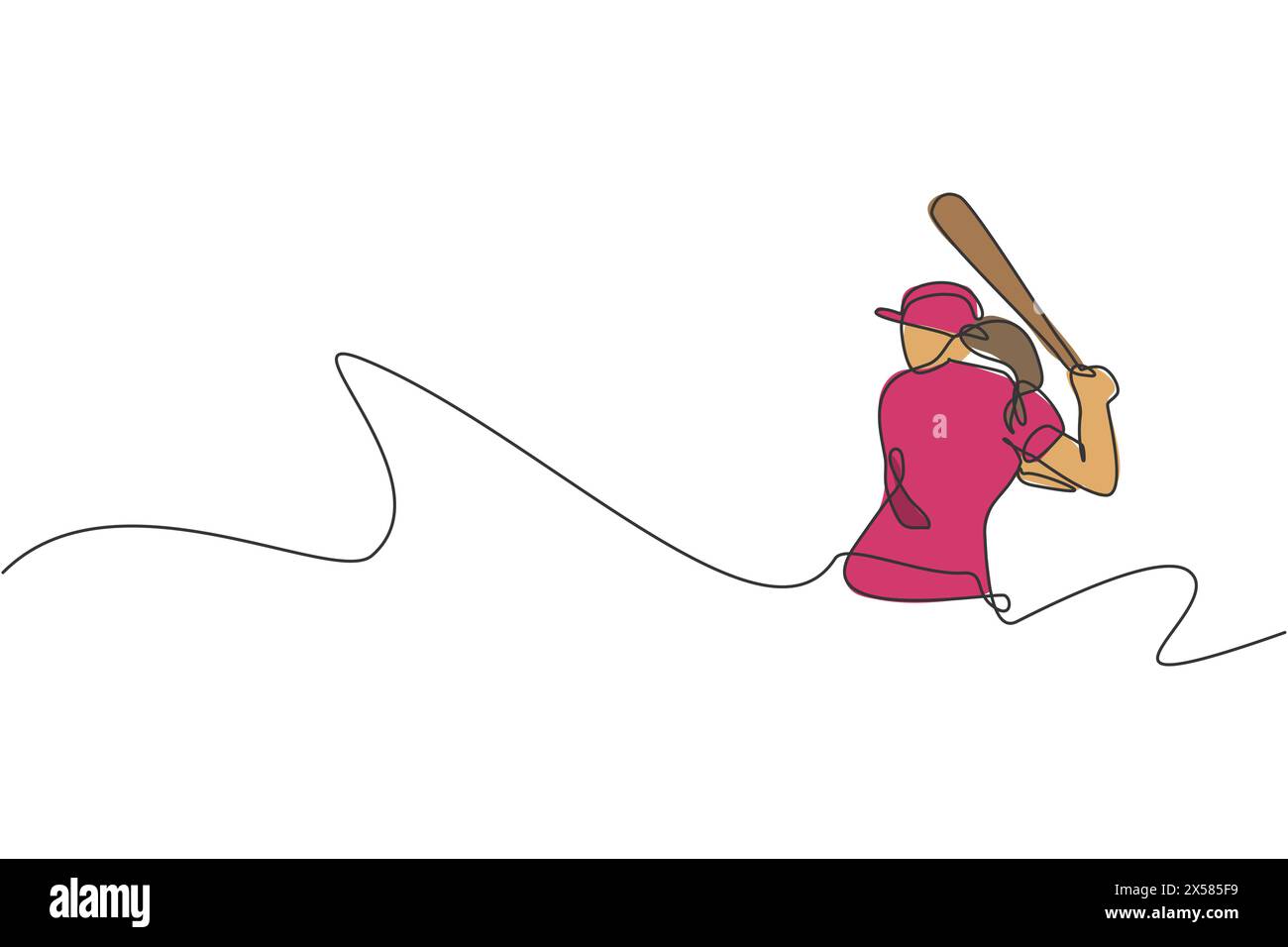 Ligne continue unique dessinant la jeune femme agile joueuse de baseball pratique pour frapper la balle. Concept d'exercice sportif. Graphique tendance à dessin d'une ligne Illustration de Vecteur