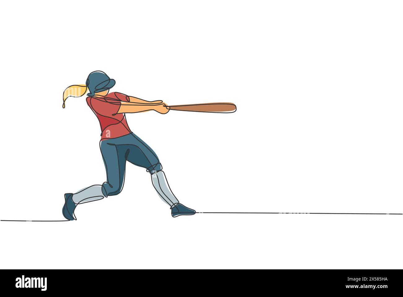 Un dessin de ligne continue de jeune femme sportive jouant le baseball pratique pour frapper la balle. Concept de sport compétitif. Dessin dynamique à une ligne Illustration de Vecteur