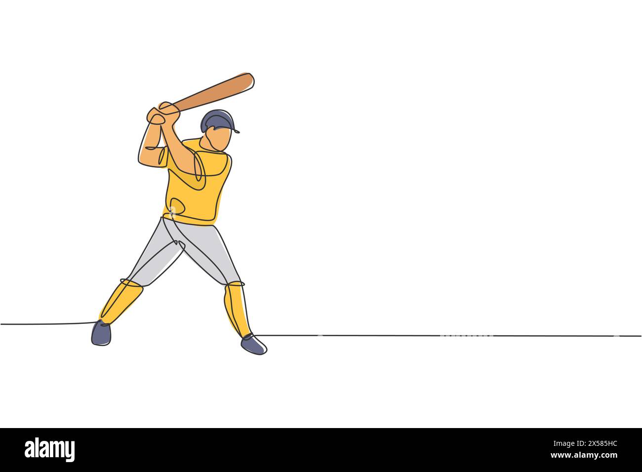 Un dessin en ligne continue de la pratique d'un jeune joueur de baseball sportif pour frapper la balle sur le terrain. Concept de sport compétitif. Dessin dynamique à une ligne Illustration de Vecteur