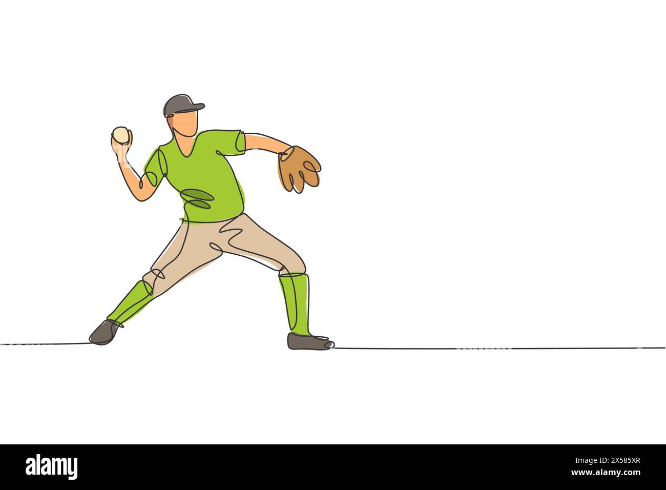 Un dessin simple ligne de jeune homme énergique joueur de baseball pratique pour lancer l'illustration vectorielle de balle. Concept d'entraînement sportif. Continuo moderne Illustration de Vecteur