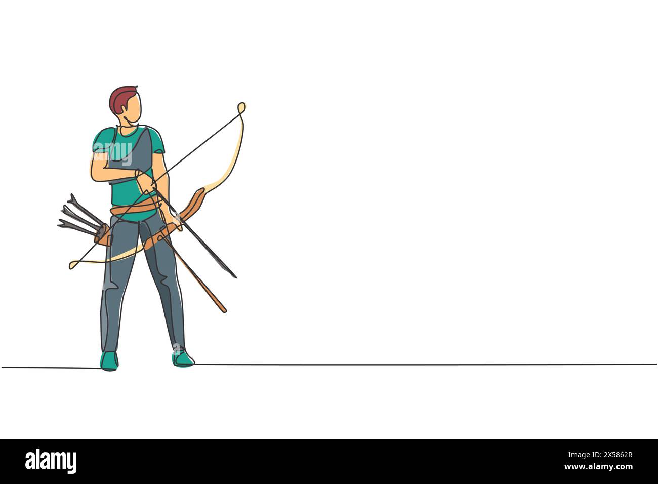 Dessin en ligne continue unique d'un jeune homme archer professionnel ciblant une cible de tir à l'arc. Exercice de sport de tir à l'arc avec le concept d'arc. Tendance un l Illustration de Vecteur