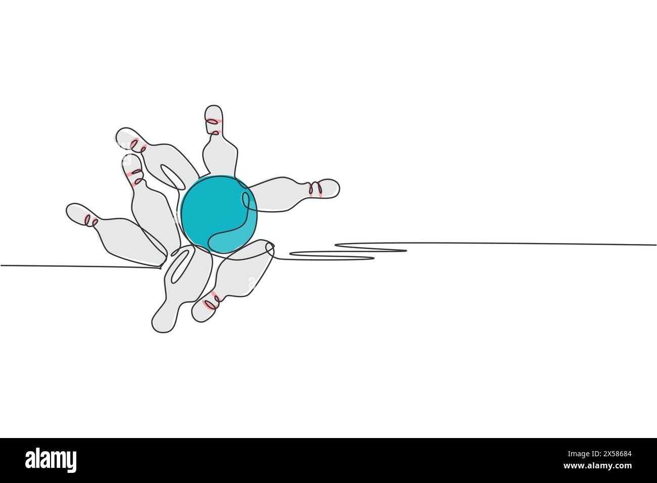 Un dessin d'une seule ligne de boule de bowling lancée sur des quilles de bowling jusqu'à l'effondrement de l'illustration graphique vectorielle. Activité de loisirs et jeu de loisirs Illustration de Vecteur